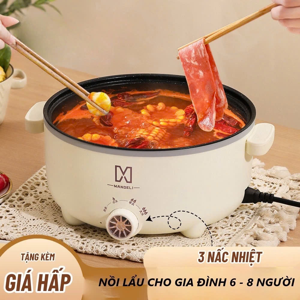 Nồi Lẩu Điện Mandeli Hiệu Suất cao 1000W Dung Tích 4L, Kèm Xửng Hấp Inox Lẩu, Chiên, Xào Đa Năng