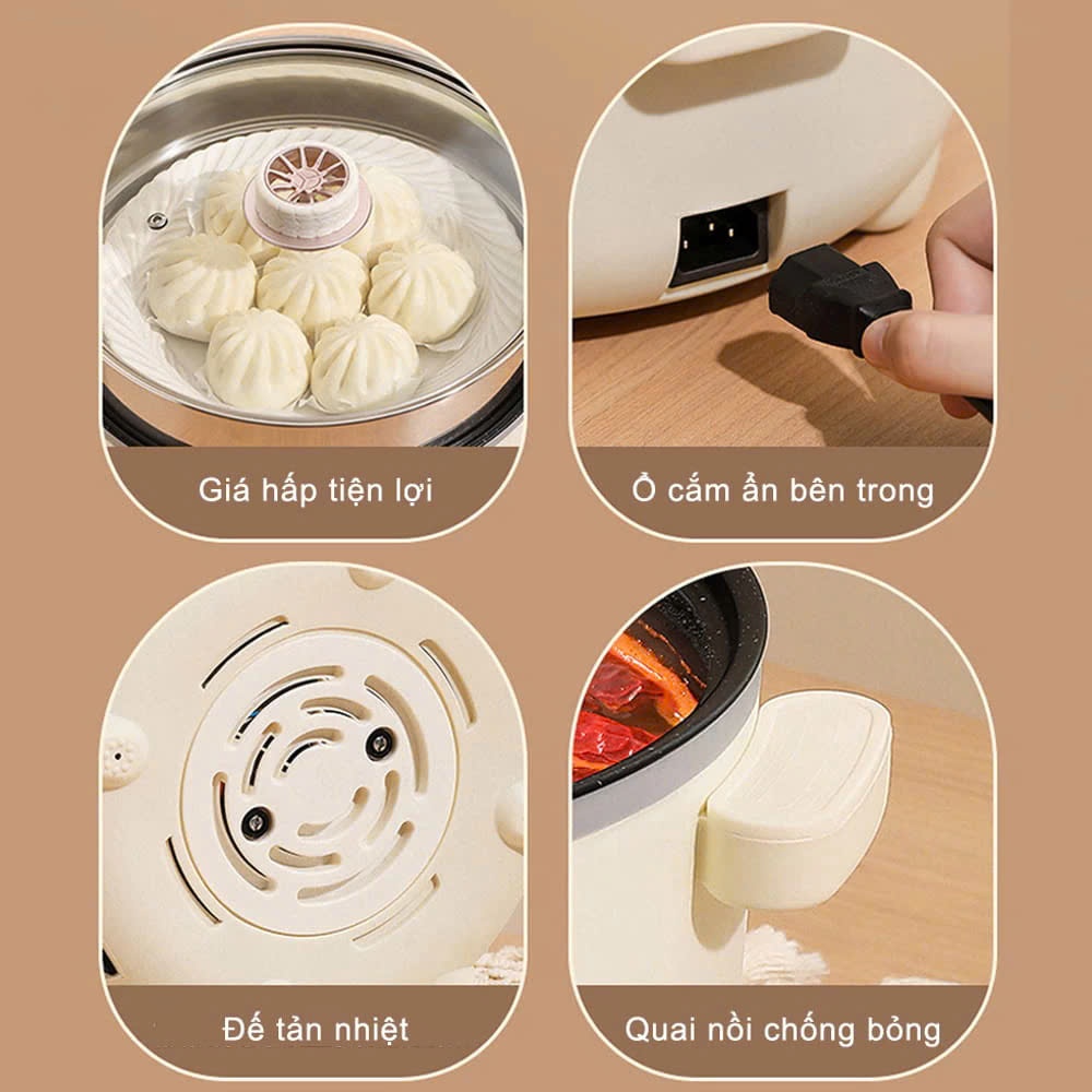Nồi Lẩu Điện Mandeli Hiệu Suất cao 1000W Dung Tích 4L, Kèm Xửng Hấp Inox Lẩu, Chiên, Xào Đa Năng
