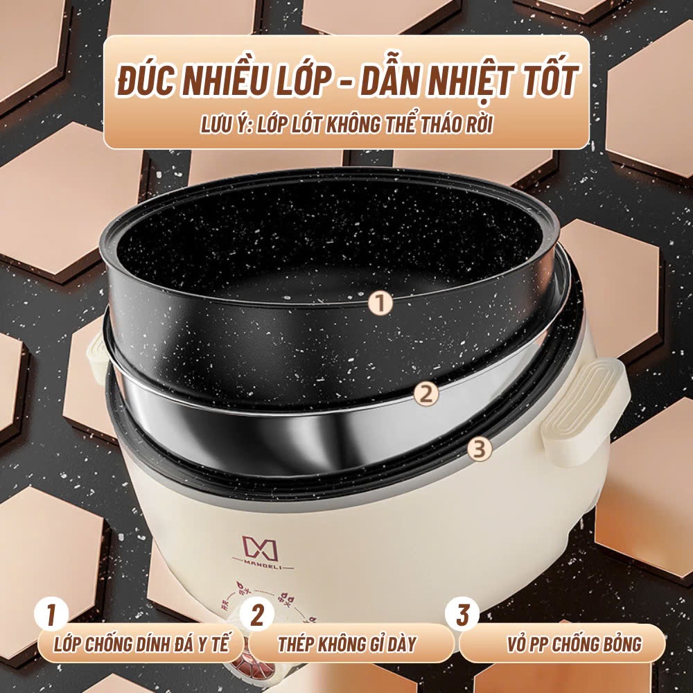 Nồi Lẩu Điện Mandeli Hiệu Suất cao 1000W Dung Tích 4L, Kèm Xửng Hấp Inox Lẩu, Chiên, Xào Đa Năng