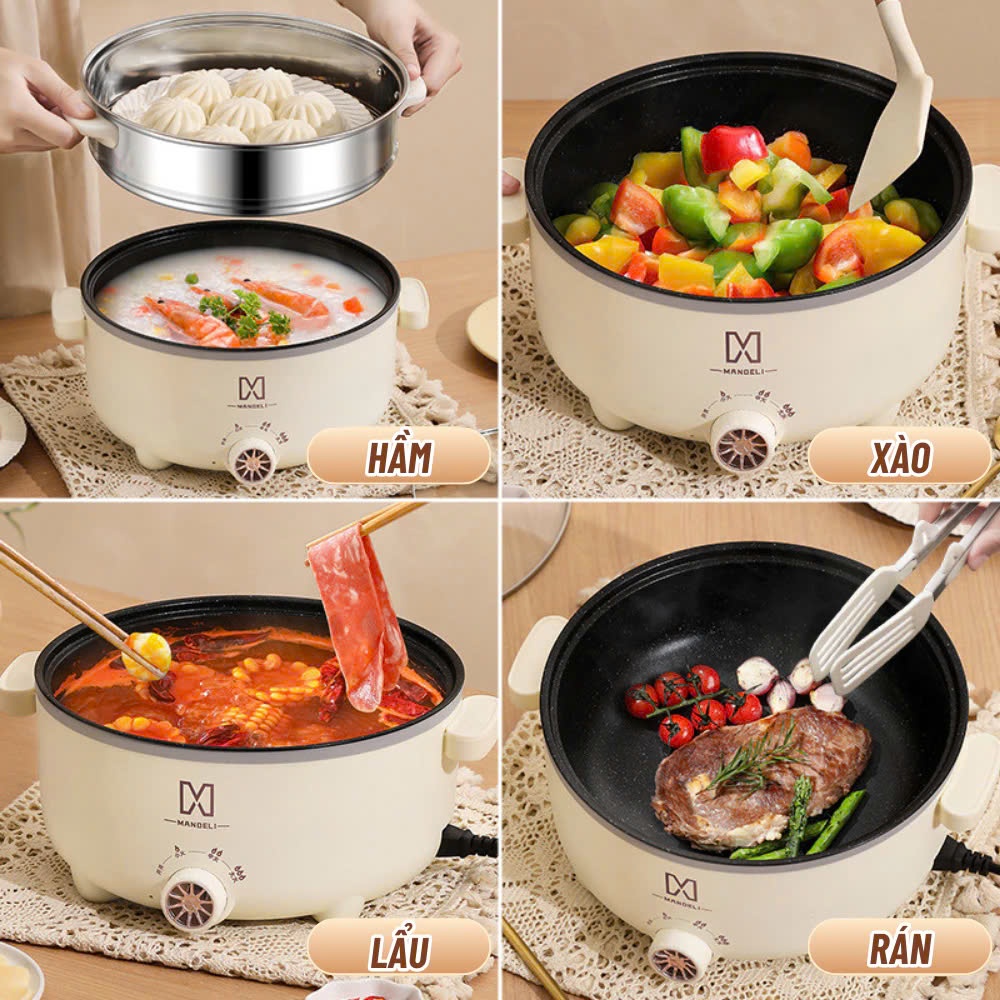 Nồi Lẩu Điện Mandeli Hiệu Suất cao 1000W Dung Tích 4L, Kèm Xửng Hấp Inox Lẩu, Chiên, Xào Đa Năng