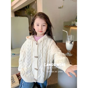 CANDI MIMI Áo khoác len cardigan khuy sừng, có mũ - Phong cách Hàn Quốc