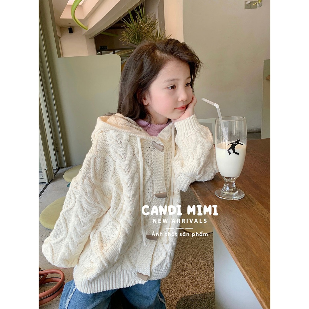 CANDI MIMI Áo khoác len cardigan khuy sừng, có mũ - Phong cách Hàn Quốc