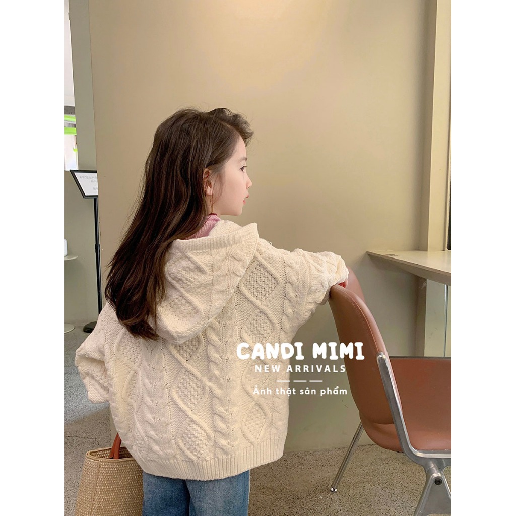CANDI MIMI Áo khoác len cardigan khuy sừng, có mũ - Phong cách Hàn Quốc