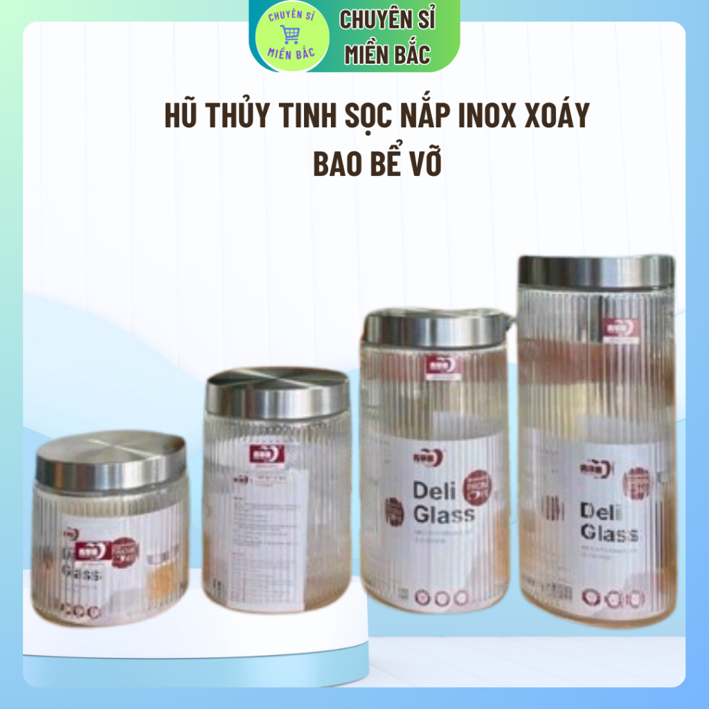 Hũ thủy tinh SỌC nắp INOX xoáy chặt khít đựng đồ khô, gia vị, muối dưa cà, decor bếp xinh xắn