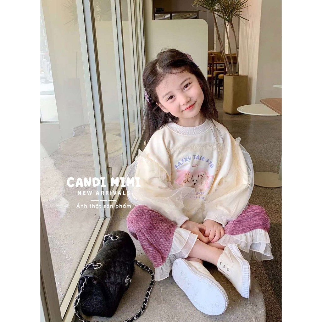CANDI MIMI Áo nỉ phối voan, in hình mèo dễ thương - Phong cách Hàn Quốc