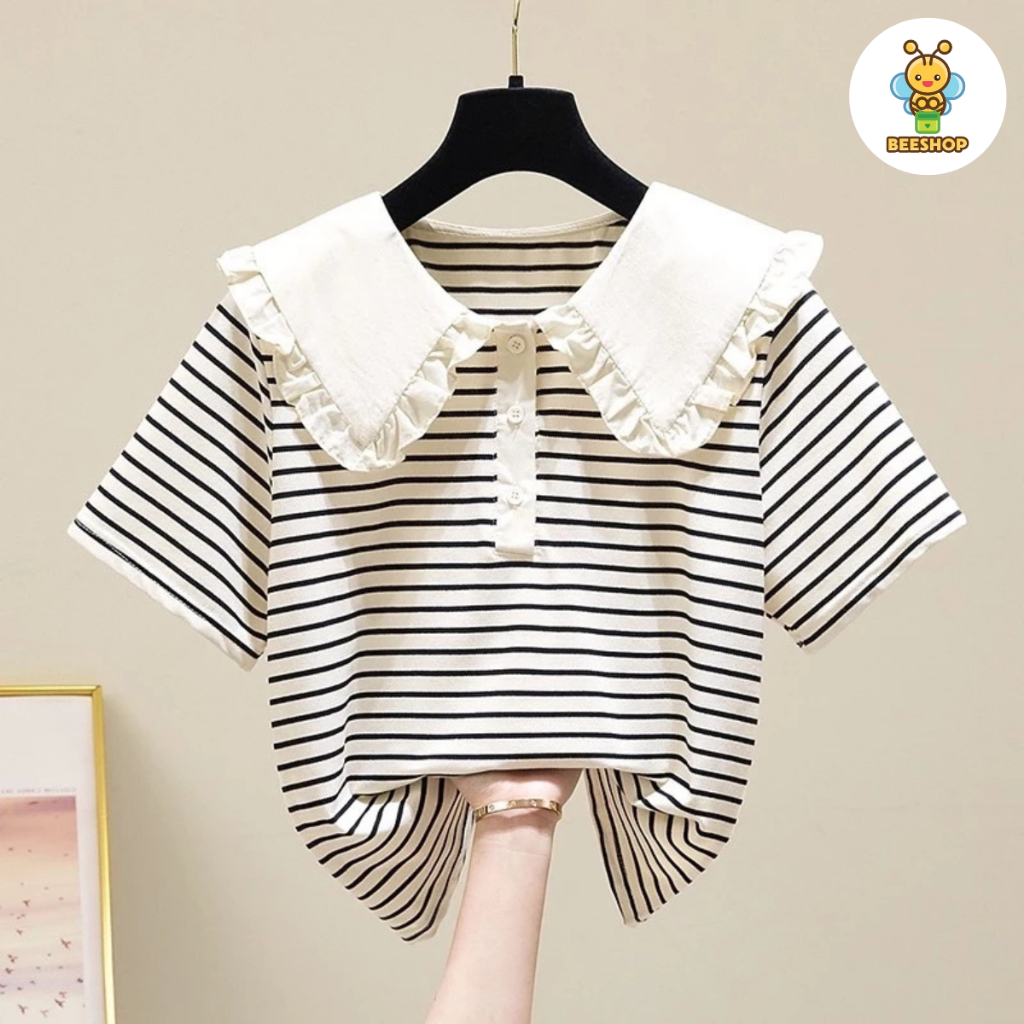Áo cotton kẻ cổ bèo và Quần ngố kèm dây rút cho bé gái size đại BEESHOP H25084A - H25084Q