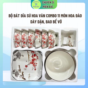 Bộ bát đĩa sứ hoa văn combo 11 món HOA ĐÀO ( có vỏ hộp ), bộ HOA ĐÀO chất liệu sứ tráng men sáng bóng