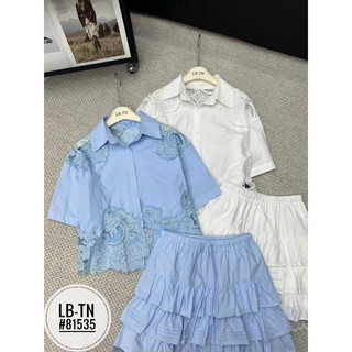 Sét áo sơ mi thô cổ đức pha ren cộc tay + chân váy tầng #81535