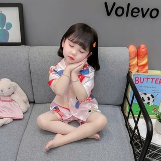 Bộ quần áo cộc tay pijama lụa thoáng mát mềm mại cho bé gái từ 9-33kg