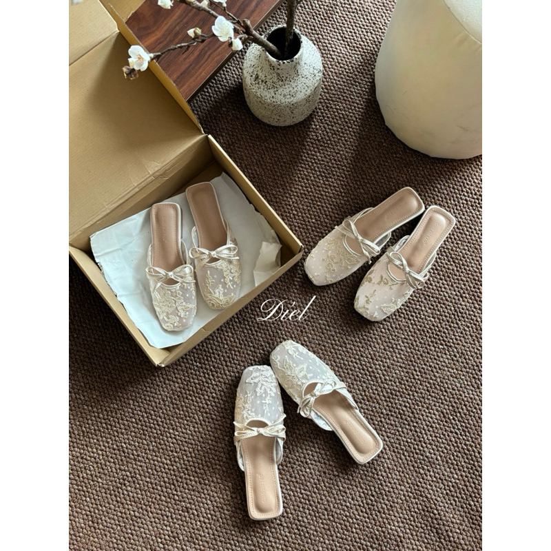 [Sẵn] Giày Sục Ballet Nữ Lưới Hoa Đính Nơ Điệu Chất Da Lưới Mềm Phong Cách Mùa Hè 2025 Hàng QCCC