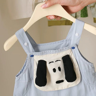 Set yếm kẻ xanh hình chó cho bé, vải thô hàn mỏng nhẹ, kèm áo thun cotton kẻ