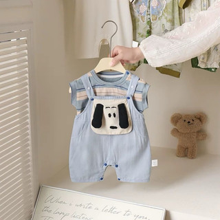 Set yếm kẻ xanh hình chó cho bé, vải thô hàn mỏng nhẹ, kèm áo thun cotton kẻ