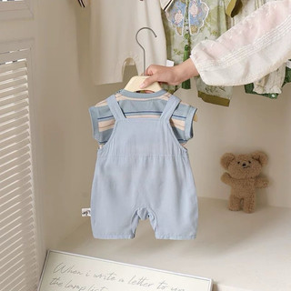 Set yếm kẻ xanh hình chó cho bé, vải thô hàn mỏng nhẹ, kèm áo thun cotton kẻ