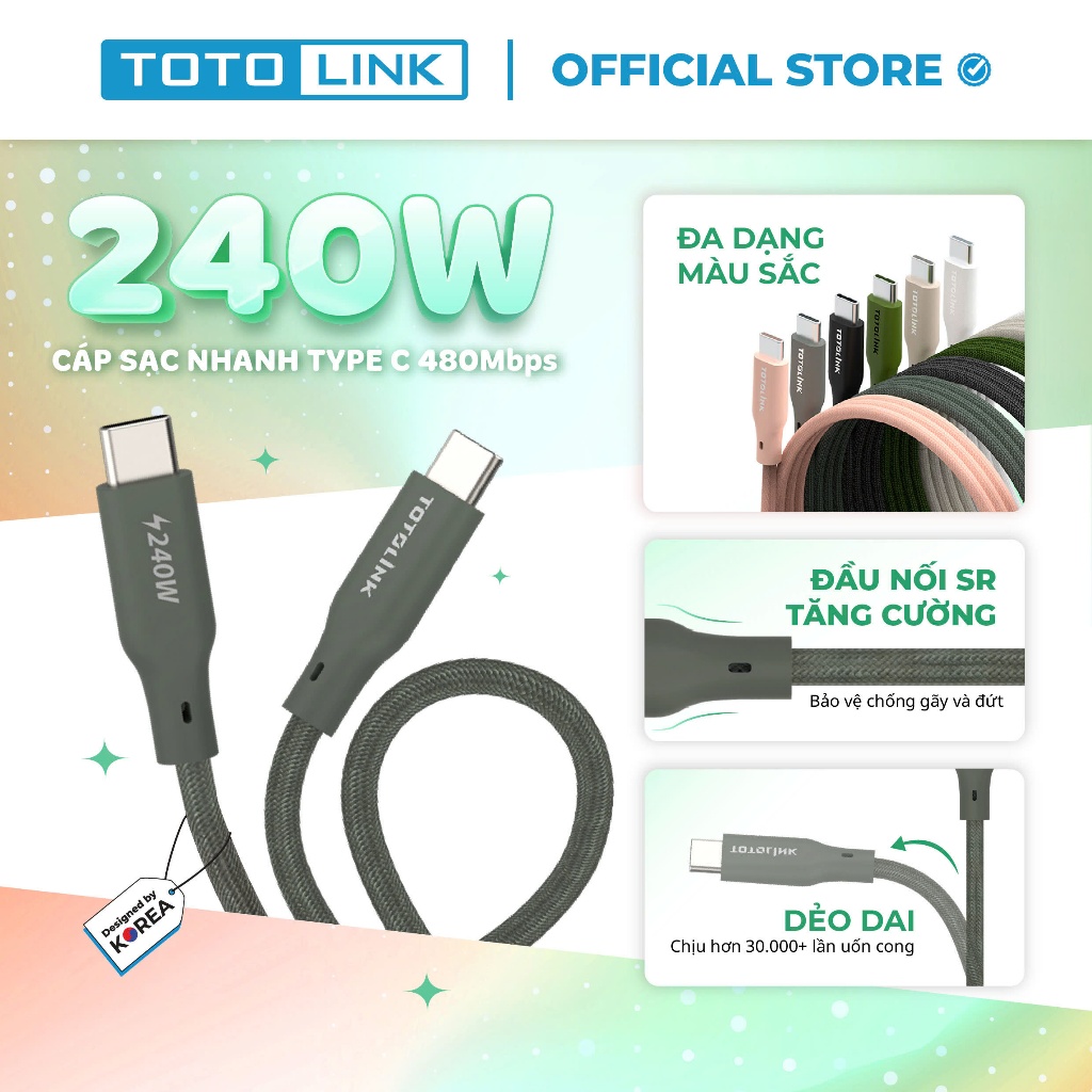[Hỏa Tốc] Cáp sạc nhanh TOTOLINK PD3.1 240W Type-C Dài 2M – Tương Thích iPhone 15/16, Android