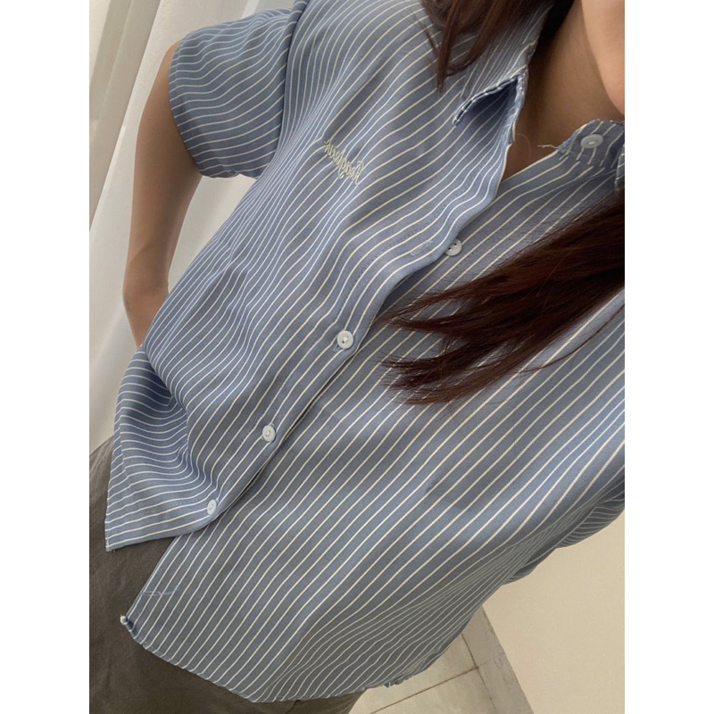 áo sơ mi cộc tay nữ thêu chữ Thanhhuyen clothing, áo sơ mi nữ kẻ cộc tay AC1002