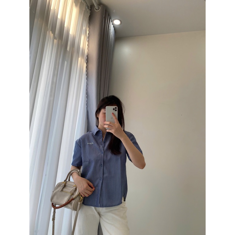 áo sơ mi cộc tay nữ thêu chữ Thanhhuyen clothing, áo sơ mi nữ kẻ cộc tay AC1002