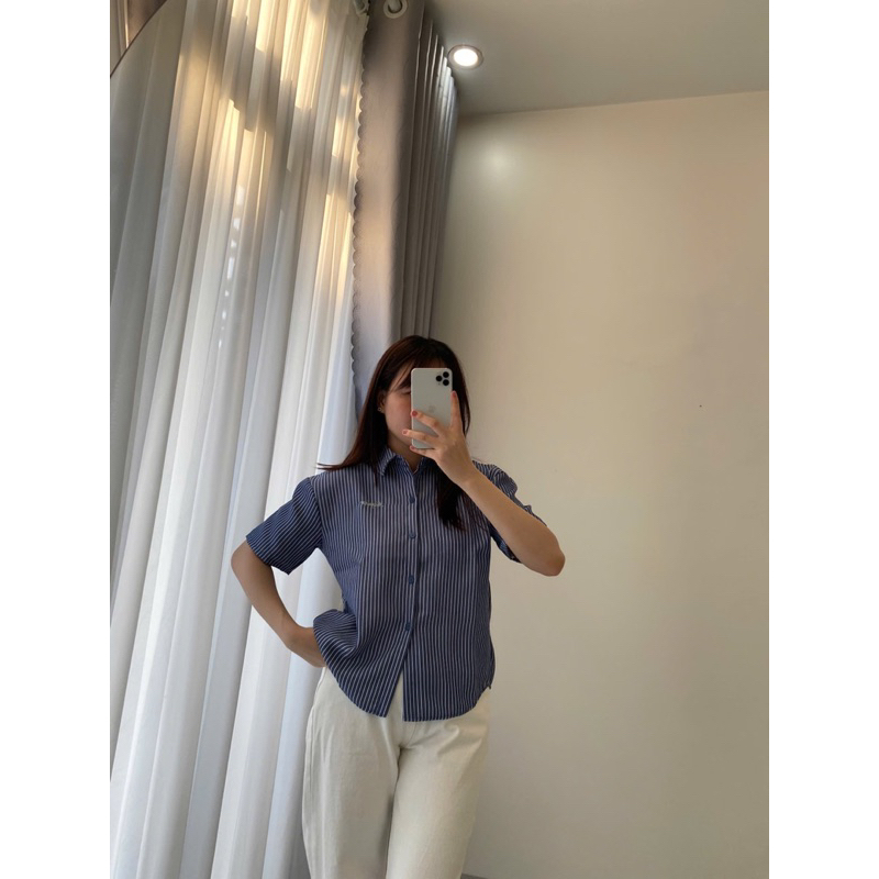 áo sơ mi cộc tay nữ thêu chữ Thanhhuyen clothing, áo sơ mi nữ kẻ cộc tay AC1002