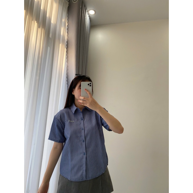áo sơ mi cộc tay nữ thêu chữ Thanhhuyen clothing, áo sơ mi nữ kẻ cộc tay AC1002