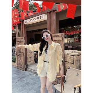 Set Bộ Đồ Nữ 4 Món Áo Sơ Mi Kẻ Sọc Dài Tay Thêu Ngựa Kèm Áo 3 Lỗ Trắng Mix Quần Sooc Đùi Trắng Dây Đai Lưng