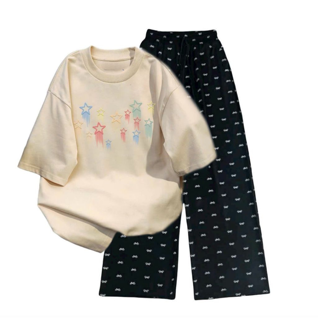 Tổng hợp các sét quần họa tiết nơ + mix áo phông form rộng unisex tay lỡ---xuongthoitranggiare