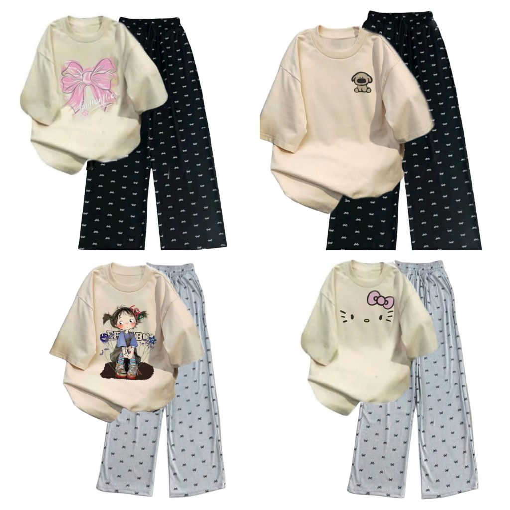 Tổng hợp các sét quần họa tiết nơ + mix áo phông form rộng unisex tay lỡ---xuongthoitranggiare