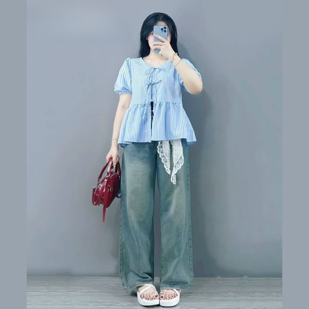 Quần Jean nữ ống rộng Bigsize Nữ Ulzzang lưng cao che bụng phong cách Retro Jean xanh nhạt - Q547