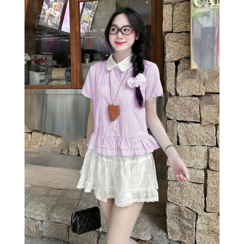 Áo sơ mi nữ cổ sen Thanhhuyen clothing , áo sơ mi cổ sen đuôi bèo siêu xinh AC1001