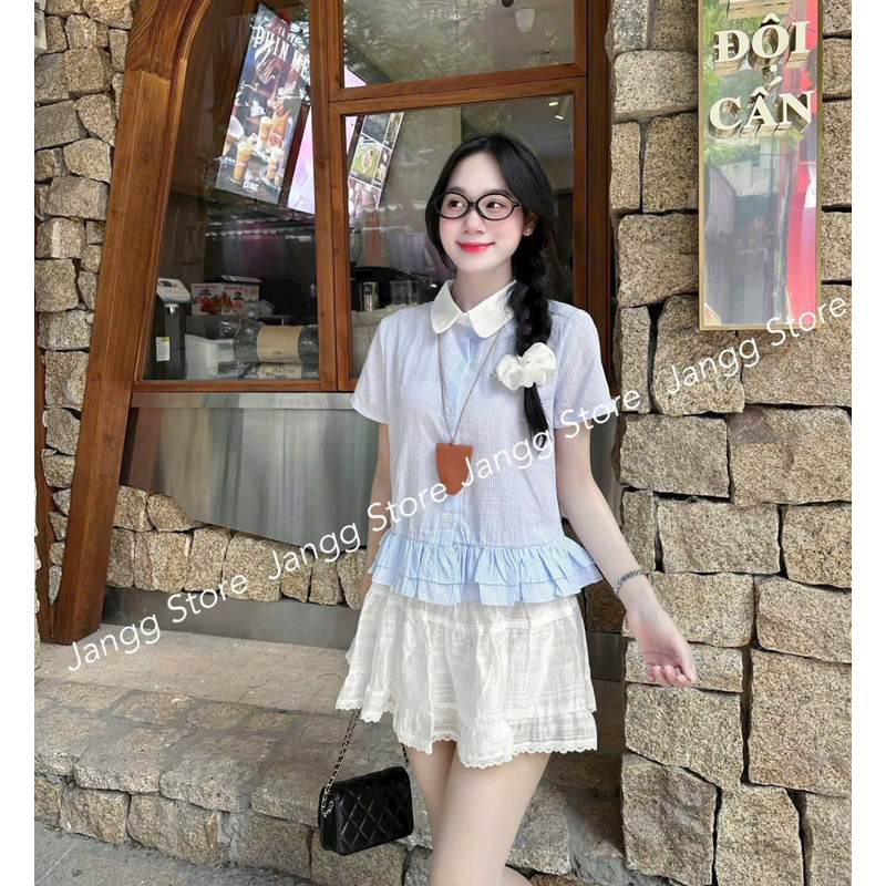 Áo sơ mi nữ cổ sen khuy nơ Thanhhuyen clothings2 , áo sơ mi nữ nhún eo siêu xinh