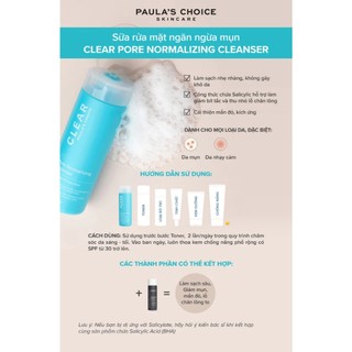 Sữa rửa mặt dành cho da mụn và se khít lỗ chân lông Paula s Choice Clear Pore Normalizing Cleanser 30/177ml