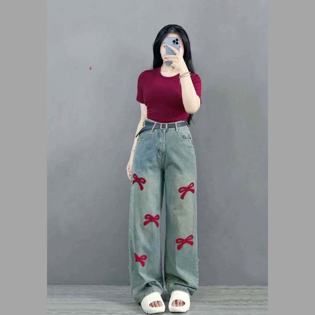 Quần Jean Nữ Thêu Suông Phom Bigsize Che Khuyết Điểm Ống Rộng Lưng Cao Cạp Thun Co Giãn Q551