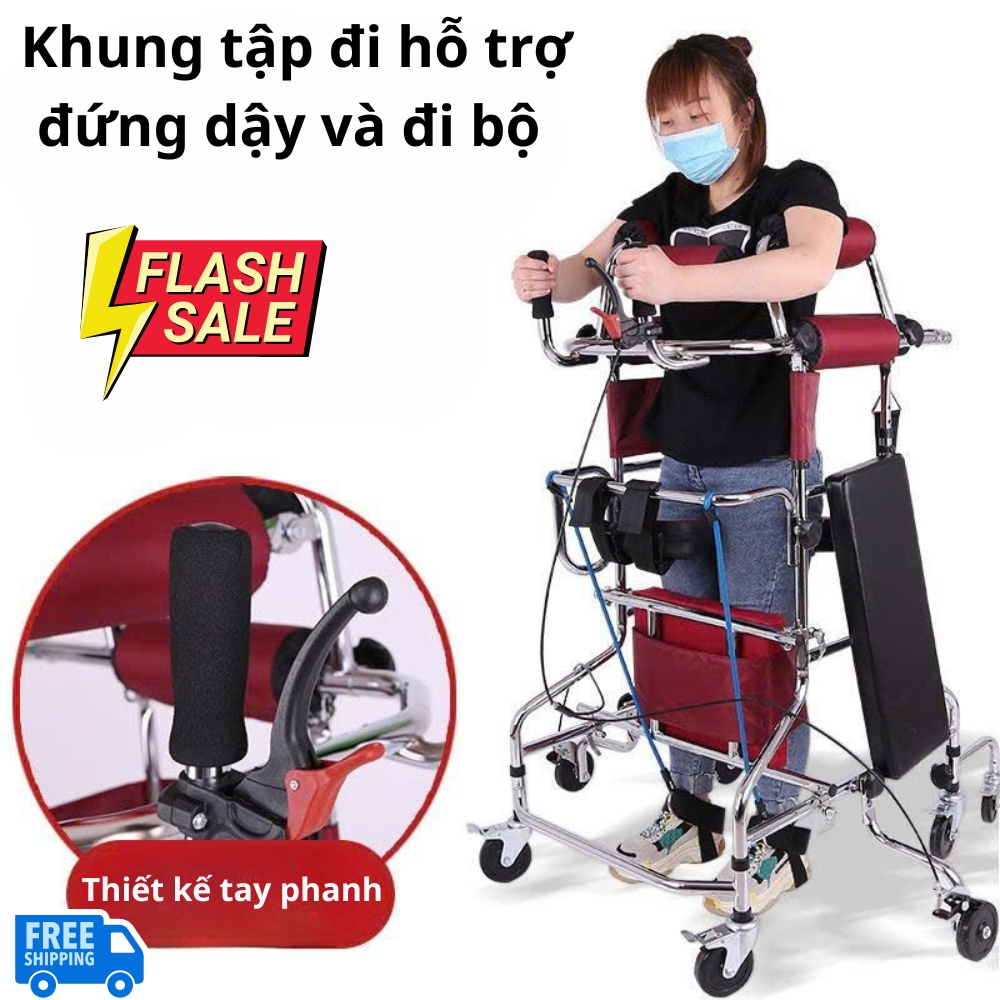 Khung tập đi , hỗ trợ đứng dậy cho bệnh nhân tập phục hồi chức năng sau tai biến - Xe 8 bánh có tay phanh