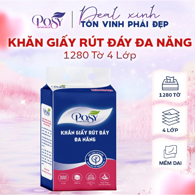 [THÙNG 5 BỊCH] - KHĂN GIẤY TREO TƯỜNG POSY thùng 4 bịch, combo 4 bịch khăn giấy rút đáy đa năng 1280 tờ 4 lớp