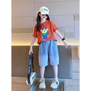 Set Jean Gấu Bé Gái 22–45kg _ Áo Cotton In Hoạ Tiết Gấu & Quần Jean Ngố Rộng Cực Cool