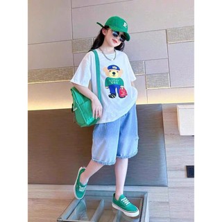 Set Jean Gấu Bé Gái 22–45kg _ Áo Cotton In Hoạ Tiết Gấu & Quần Jean Ngố Rộng Cực Cool