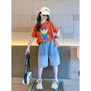 Set Jean Gấu Bé Gái 22–45kg _ Áo Cotton In Hoạ Tiết Gấu & Quần Jean Ngố Rộng Cực Cool