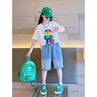 Set Jean Gấu Bé Gái 22–45kg _ Áo Cotton In Hoạ Tiết Gấu & Quần Jean Ngố Rộng Cực Cool