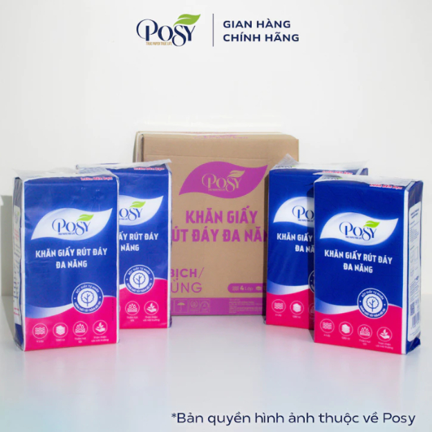 [THÙNG 5 BỊCH] - KHĂN GIẤY TREO TƯỜNG POSY thùng 4 bịch, combo 4 bịch khăn giấy rút đáy đa năng 1280 tờ 4 lớp