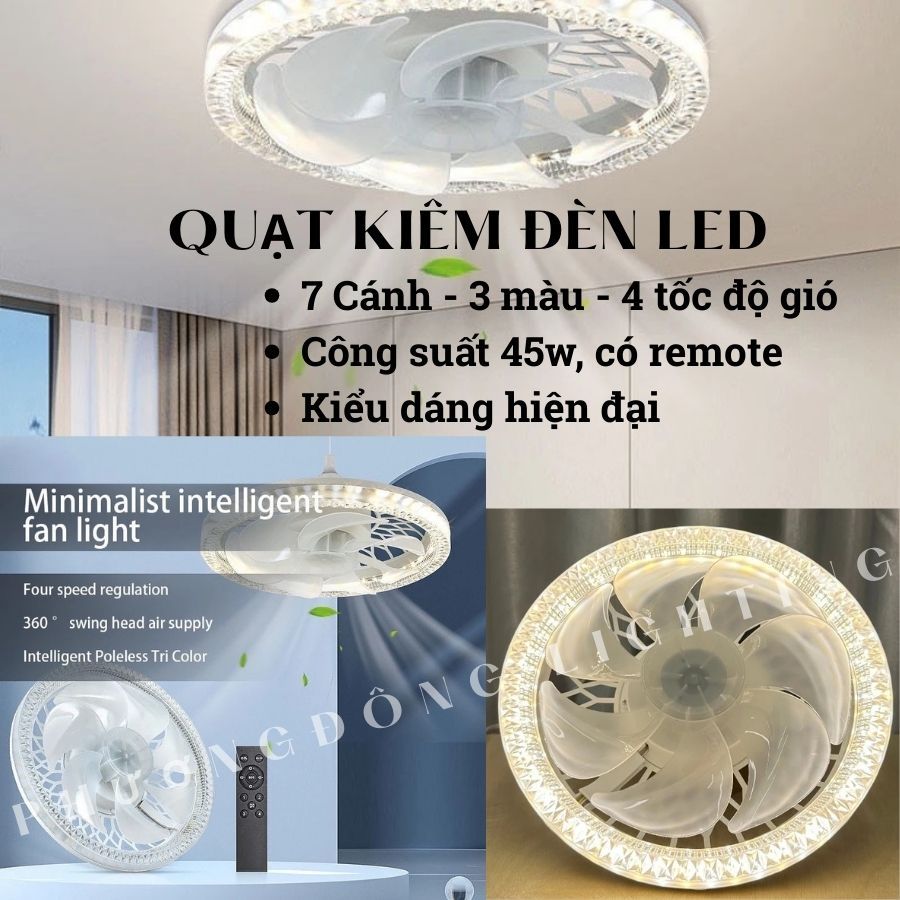 Quạt Trần Kiêm Đèn LED Chiếu sáng 3 màu - 7 Cánh - 4 Tốc Độ Gió - Có Remote TẶNG KÈM ĐUÔI ĐÈN E27