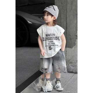 Bộ Đồ Hè Cho Bé Trai : Áo Tank Top Cotton Trắng Mix Quần Jean Ngố Mềm