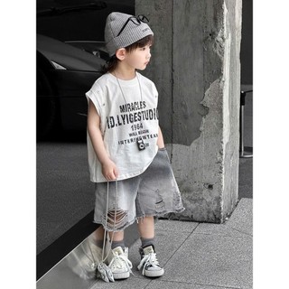 Bộ Đồ Hè Cho Bé Trai : Áo Tank Top Cotton Trắng Mix Quần Jean Ngố Mềm