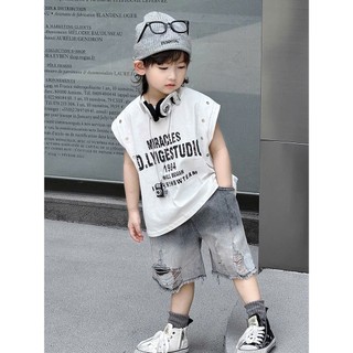 Bộ Đồ Hè Cho Bé Trai : Áo Tank Top Cotton Trắng Mix Quần Jean Ngố Mềm