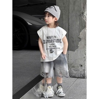 Bộ Đồ Hè Cho Bé Trai : Áo Tank Top Cotton Trắng Mix Quần Jean Ngố Mềm
