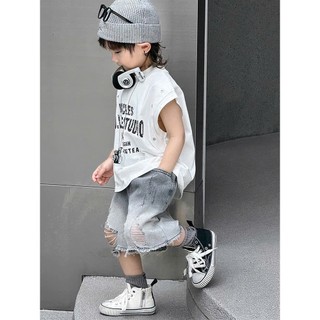 Bộ Đồ Hè Cho Bé Trai : Áo Tank Top Cotton Trắng Mix Quần Jean Ngố Mềm