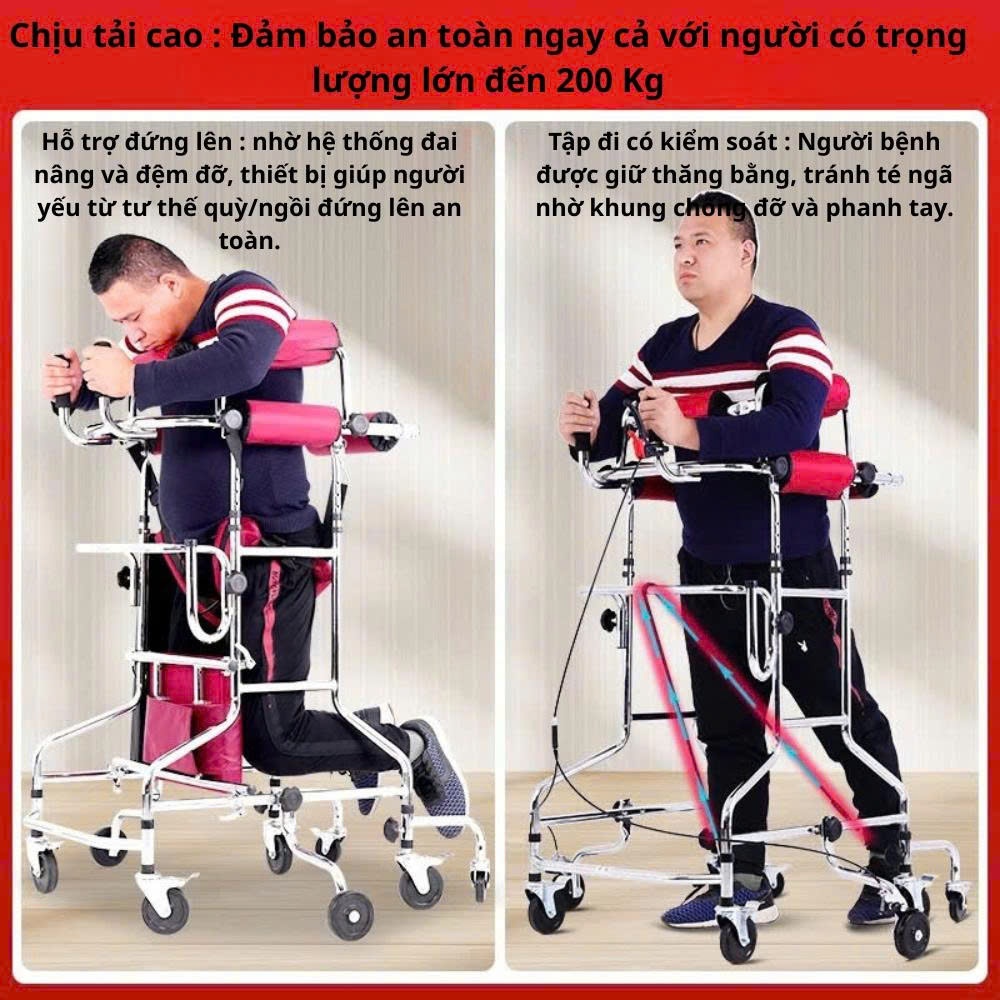 Khung tập đi , hỗ trợ đứng dậy cho bệnh nhân tập phục hồi chức năng sau tai biến - Xe 8 bánh có tay phanh
