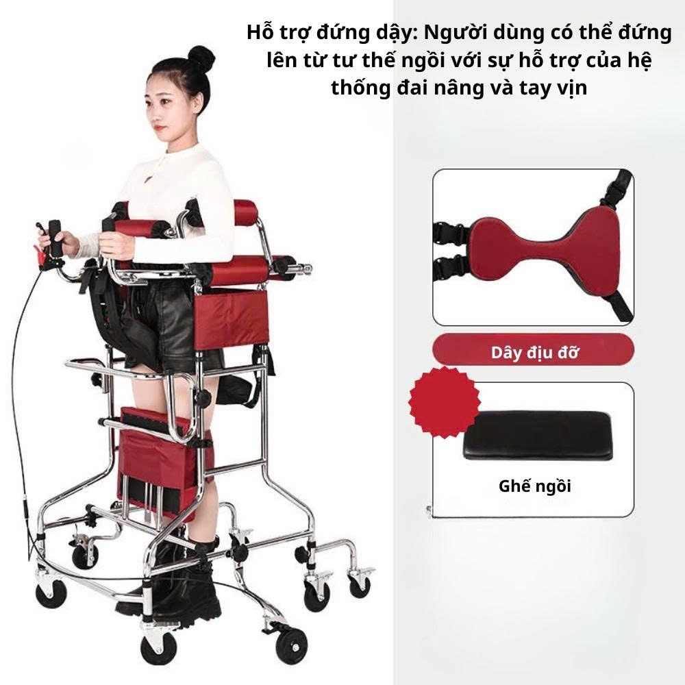 Khung tập đi , hỗ trợ đứng dậy cho bệnh nhân tập phục hồi chức năng sau tai biến - Xe 8 bánh có tay phanh