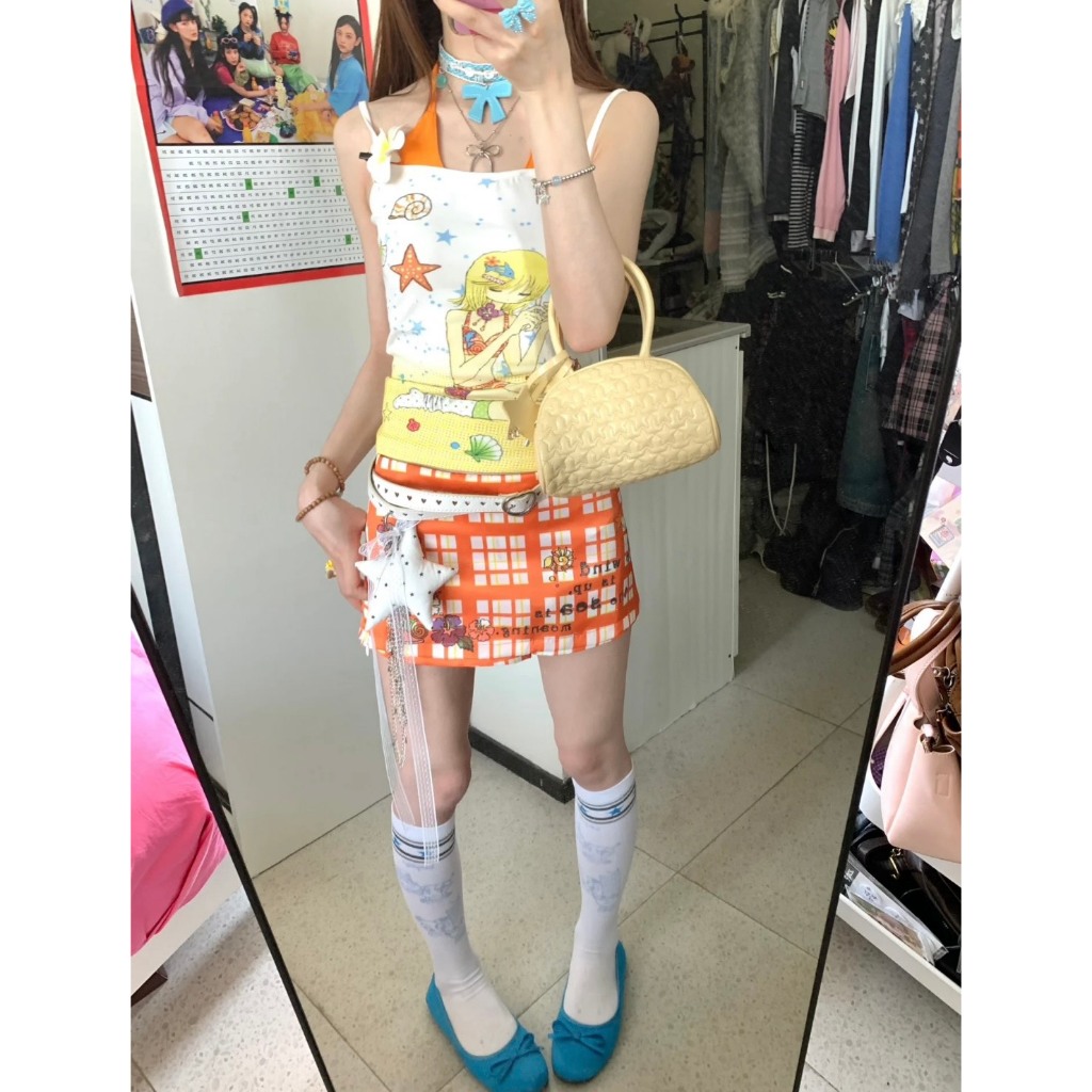 (sẵn)Áo hai dây layer yếm cam hoạ tiết sao phong cách đi biển ASN039 - Titkik Freesize dưới 60kg