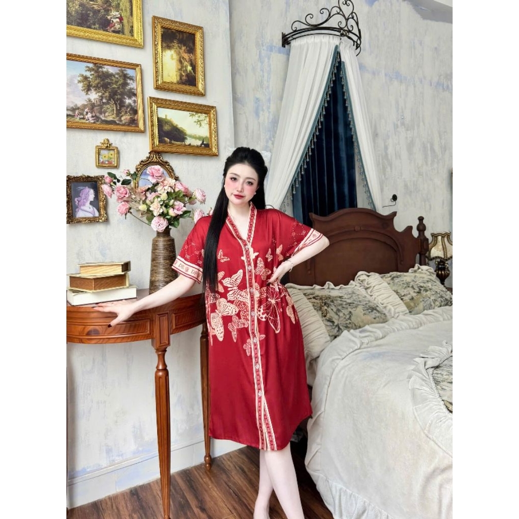 Bộ đầm ngủ 3D cổ V size dưới 65kg chất latin mềm mại, thoáng mát, dễ chịu s971