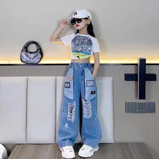 Quần Jean Suông Phối Rách Phong Cách Cá Tính Cho Bé Gái