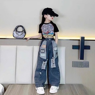 Quần Jean Suông Phối Rách Phong Cách Cá Tính Cho Bé Gái