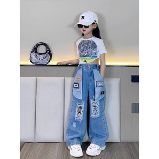 Quần Jean Suông Phối Rách Phong Cách Cá Tính Cho Bé Gái